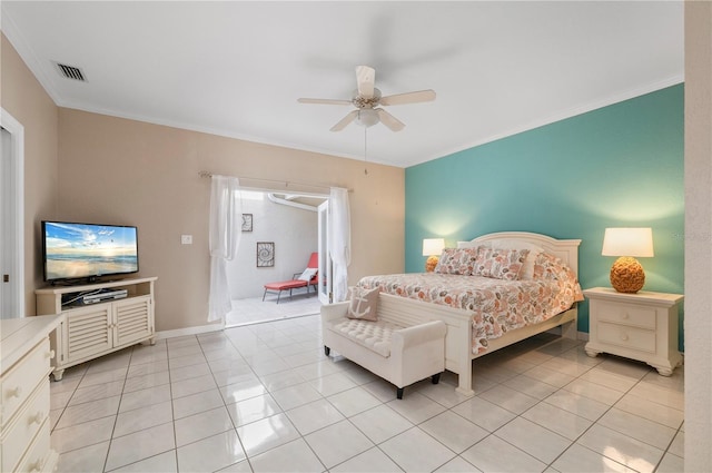 3800 Bal Harbor Blvd Unit 415, Punta Gorda, FL 33950 - bedroom with light tile patterned floors, ornamental molding, a ceiling fan, and baseboards