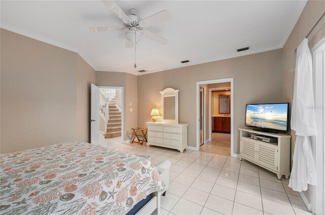 3800 Bal Harbor Blvd Unit 415, Punta Gorda, FL 33950 - bedroom featuring light tile patterned flooring, ornamental molding, baseboards, and ceiling fan