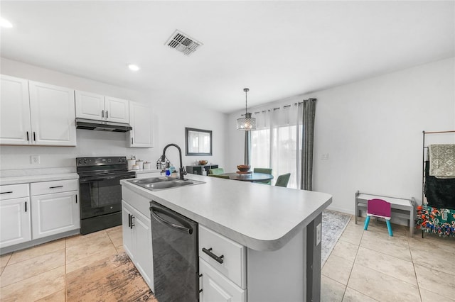 kitchen featuring under cabinet range hood, visible vents, a sink, dishwashing machine, and black electric range