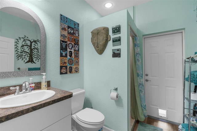 2911 Riverside Dr, Punta Gorda, FL 33950 - bathroom with toilet, vanity, baseboards, wood finished floors, and a shower with curtain