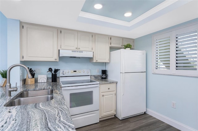 kitchen with a sink, dark wood-type flooring, a raised ceiling, white appliances, and under cabinet range hood
