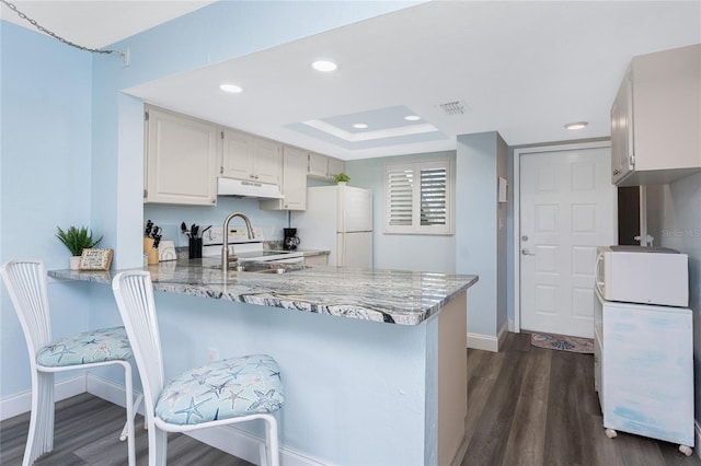 kitchen with under cabinet range hood, baseboards, white appliances, visible vents, and dark wood-type flooring