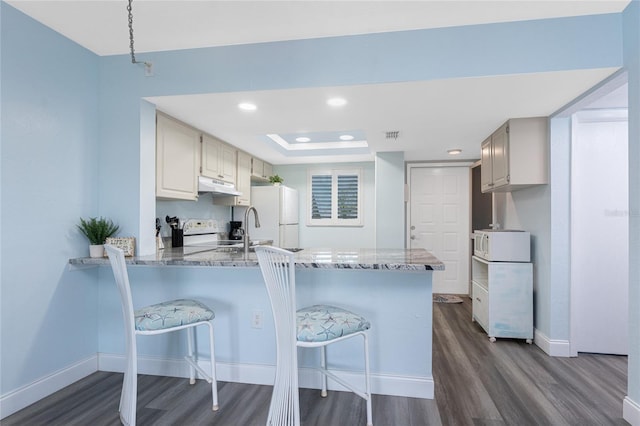 kitchen featuring a peninsula, a breakfast bar area, dark wood finished floors, baseboards, and white appliances