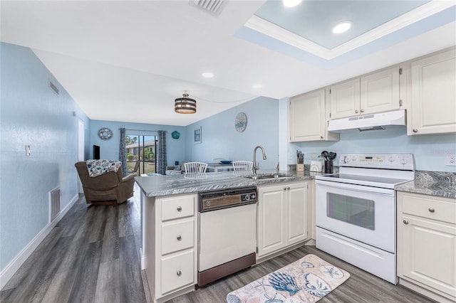 kitchen featuring under cabinet range hood, dark wood-style flooring, white appliances, a sink, and a peninsula