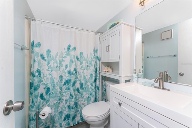 bathroom featuring toilet, vanity, and a shower with shower curtain