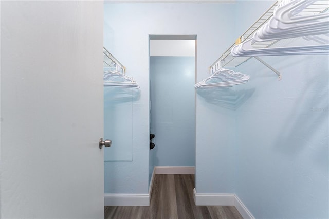 walk in closet with wood finished floors