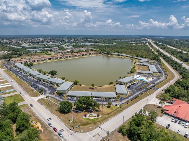bird's eye view with a water view