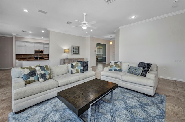 12951 SW Kingsway Cir, Lake Suzy, FL 34269 - living area with recessed lighting, ornamental molding, a ceiling fan, and baseboards