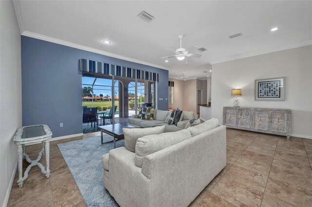 12951 SW Kingsway Cir, Lake Suzy, FL 34269 - living area featuring crown molding, baseboards, ceiling fan, and recessed lighting
