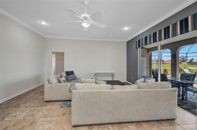 12951 SW Kingsway Cir, Lake Suzy, FL 34269 - living room with ornamental molding, baseboards, a ceiling fan, and recessed lighting
