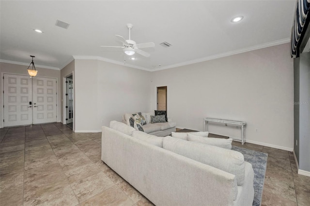 12951 SW Kingsway Cir, Lake Suzy, FL 34269 - living room with a ceiling fan, crown molding, baseboards, and recessed lighting