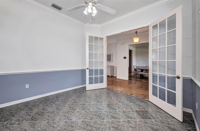 12951 SW Kingsway Cir, Lake Suzy, FL 34269 - spare room with french doors, ornamental molding, ceiling fan, tile patterned flooring, and baseboards
