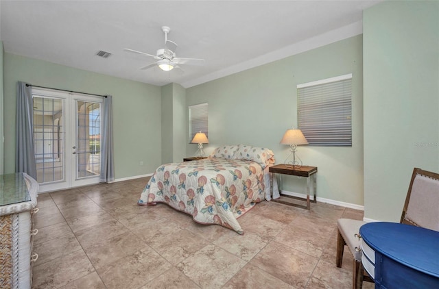 12951 SW Kingsway Cir, Lake Suzy, FL 34269 - bedroom with french doors, access to outside, baseboards, and a ceiling fan