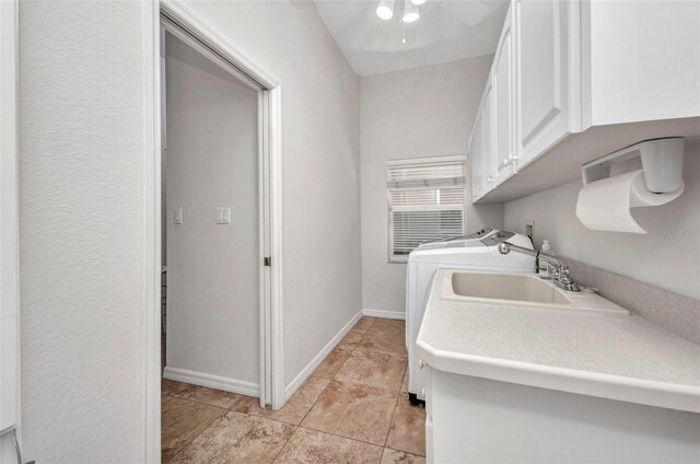12951 SW Kingsway Cir, Lake Suzy, FL 34269 - laundry room featuring cabinet space, a ceiling fan, washer / dryer, and baseboards