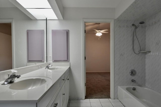 bathroom featuring tile patterned flooring, shower / bath combination, ceiling fan, and double vanity
