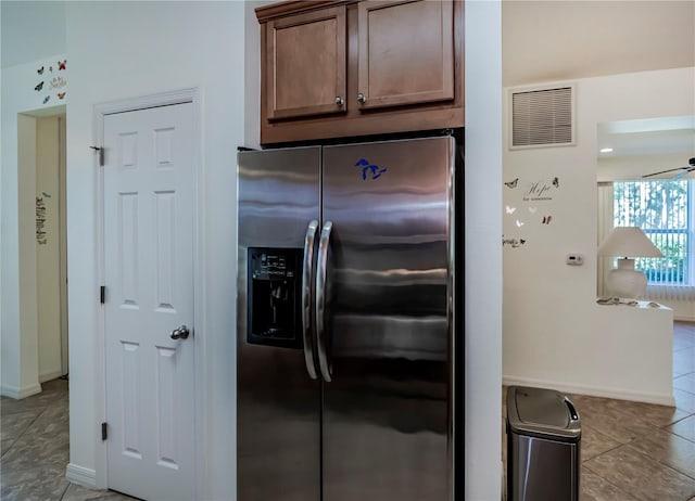 15050 Sandpiper Preserve Blvd Unit 101, Fort Myers, FL 33919 - kitchen featuring baseboards, light tile patterned floors, ceiling fan, visible vents, and stainless steel refrigerator with ice dispenser