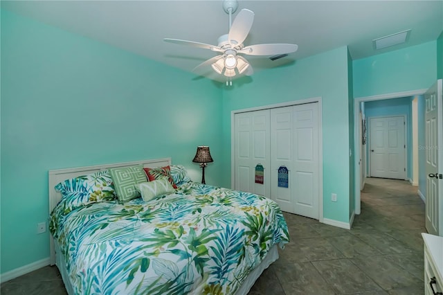 15050 Sandpiper Preserve Blvd Unit 101, Fort Myers, FL 33919 - bedroom featuring ceiling fan, a closet, baseboards, and visible vents