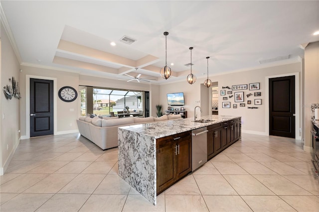 3527 NW 8th Ter, Cape Coral, FL 33993 - kitchen with stainless steel dishwasher, light tile patterned floors, ceiling fan, dark brown cabinetry, and recessed lighting