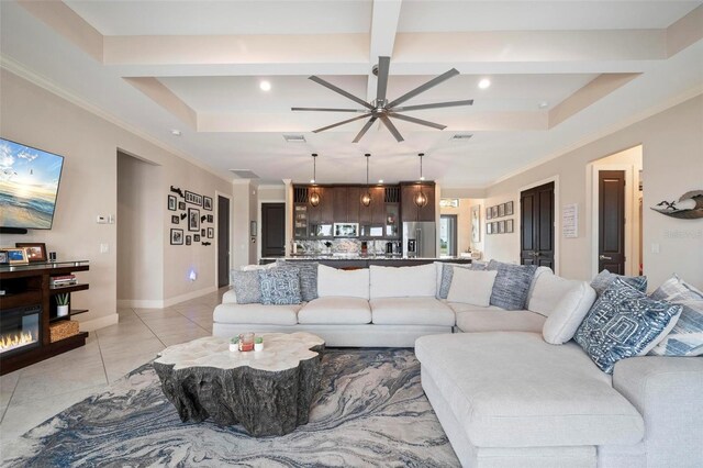 3527 NW 8th Ter, Cape Coral, FL 33993 - living room featuring coffered ceiling, ceiling fan, recessed lighting, light tile patterned floors, and a glass covered fireplace