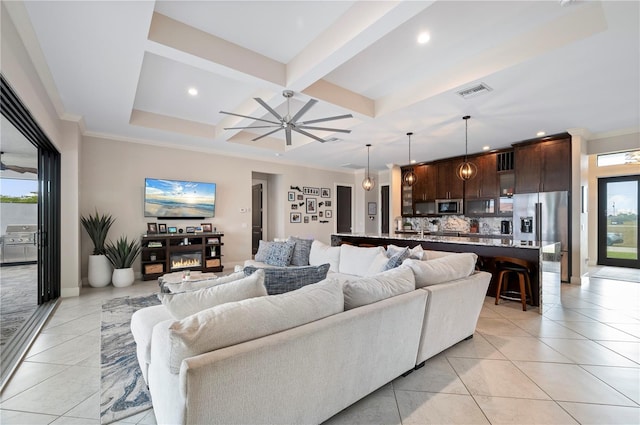 3527 NW 8th Ter, Cape Coral, FL 33993 - living area featuring coffered ceiling, light tile patterned flooring, recessed lighting, beam ceiling, and crown molding