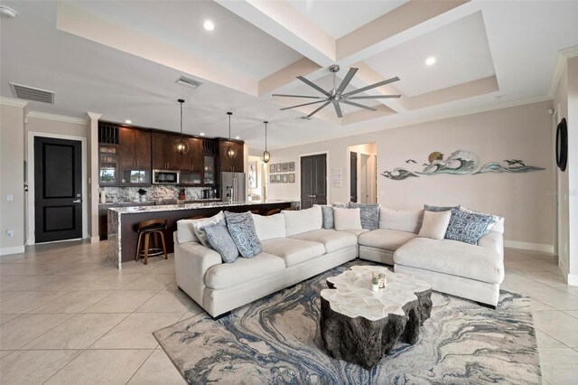 3527 NW 8th Ter, Cape Coral, FL 33993 - living area featuring coffered ceiling, a ceiling fan, recessed lighting, beam ceiling, and light tile patterned floors