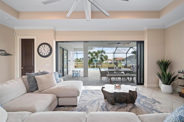 3527 NW 8th Ter, Cape Coral, FL 33993 - tiled living area featuring ceiling fan and a raised ceiling