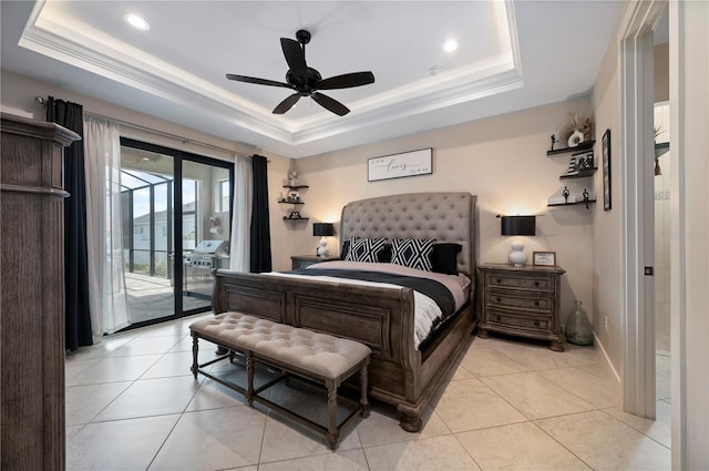 3527 NW 8th Ter, Cape Coral, FL 33993 - bedroom with access to outside, a tray ceiling, recessed lighting, ornamental molding, and light tile patterned flooring