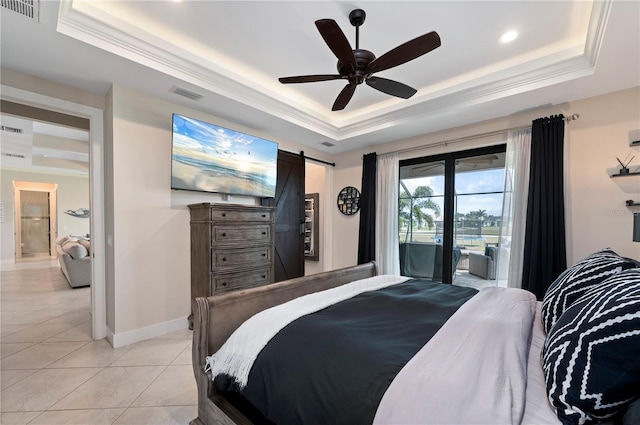 3527 NW 8th Ter, Cape Coral, FL 33993 - bedroom featuring a tray ceiling, a barn door, access to exterior, recessed lighting, and a ceiling fan