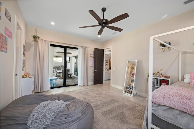 3527 NW 8th Ter, Cape Coral, FL 33993 - bedroom featuring access to exterior, light tile patterned floors, ceiling fan, and recessed lighting