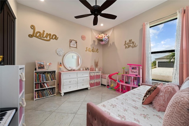 3527 NW 8th Ter, Cape Coral, FL 33993 - bedroom featuring recessed lighting, light tile patterned floors, and ceiling fan