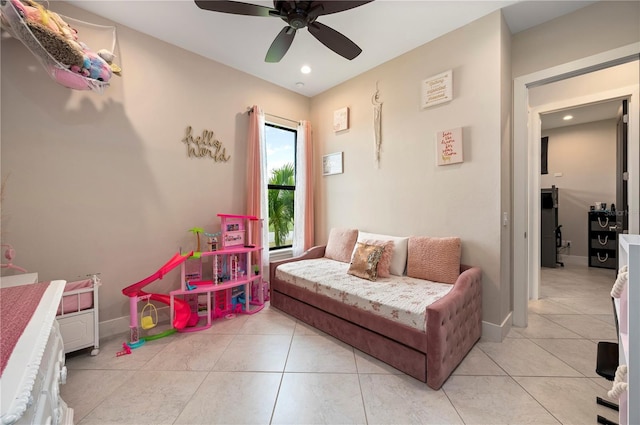 3527 NW 8th Ter, Cape Coral, FL 33993 - bedroom with light tile patterned flooring, a ceiling fan, and recessed lighting