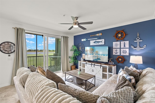 living area featuring a ceiling fan, ornamental molding, and baseboards