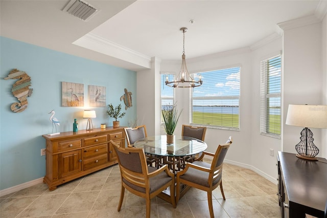 dining area with a chandelier, crown molding, baseboards, and light tile patterned floors