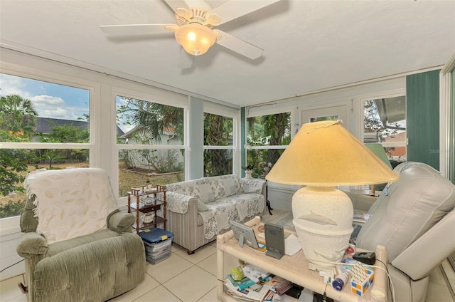 12018 Saragossa Ln, North Port, FL 34287 - sunroom with tile patterned floors, an outdoor hangout area, and a ceiling fan