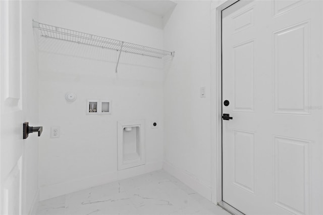laundry room featuring electric dryer hookup, baseboards, light marble finish floors, hookup for a washing machine, and hookup for a gas dryer