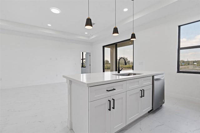 kitchen with a sink, light marble finish floors, stainless steel dishwasher, recessed lighting, and healthy amount of natural light