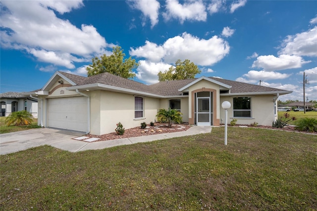 25046 Doredo Dr, Punta Gorda, FL 33955 - ranch-style home with stucco siding, an attached garage, concrete driveway, and a front lawn