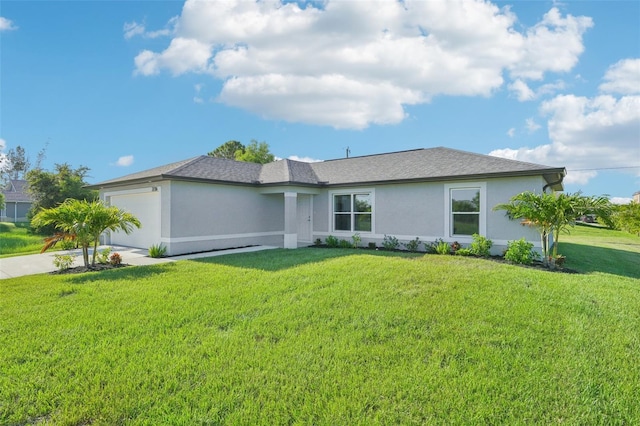 single story home featuring stucco siding, a front lawn, a garage, and driveway