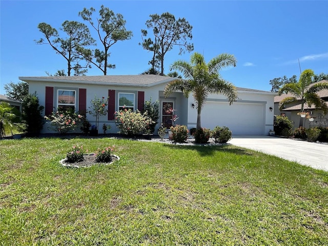 25324 Aysen Dr, Punta Gorda, FL 33983 - view of front facade with an attached garage, concrete driveway, stucco siding, and a front lawn