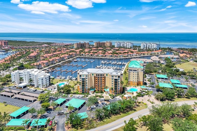 view of urban area with a nearby body of water and numerous boat docks