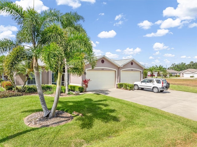 view of front facade with stucco siding, driveway, a front yard, and an attached garage