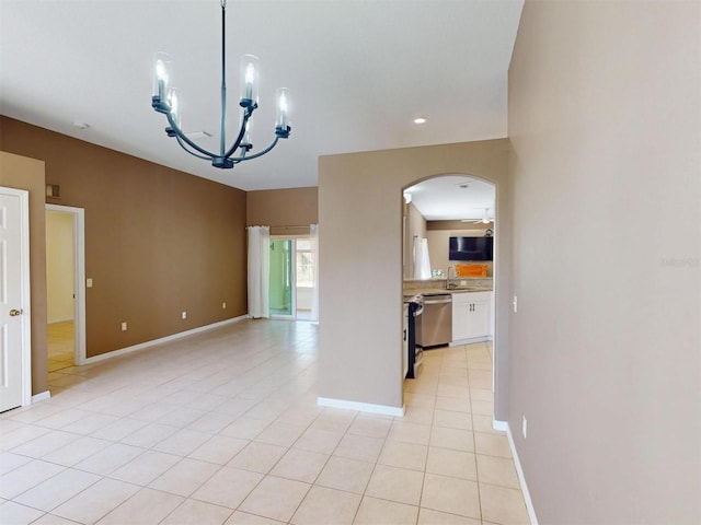 4027 Quaker Ln, North Port, FL 34288 - kitchen featuring dishwasher, a chandelier, white cabinets, light countertops, and light tile patterned flooring