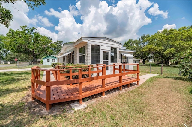 rear view of property with a deck and a sunroom