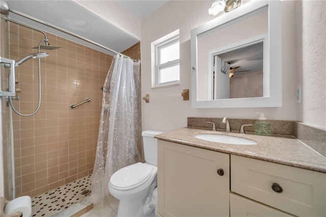 full bath featuring toilet, vanity, and a stall shower