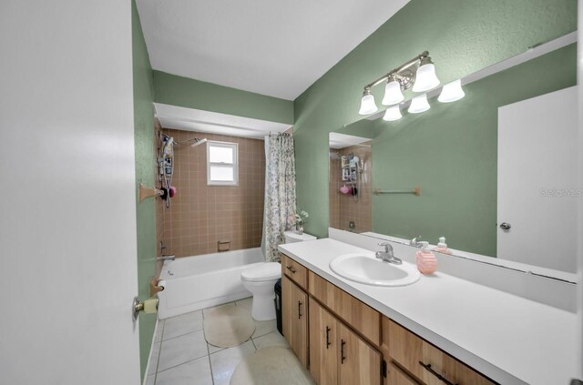 bathroom with vanity, toilet, shower / bath combination with curtain, and tile patterned floors