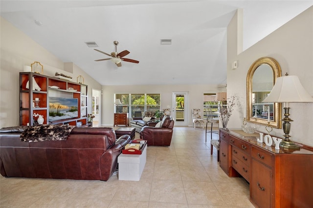 27038 San Jorge Dr, Punta Gorda, FL 33983 - living area featuring lofted ceiling, a ceiling fan, and light tile patterned flooring