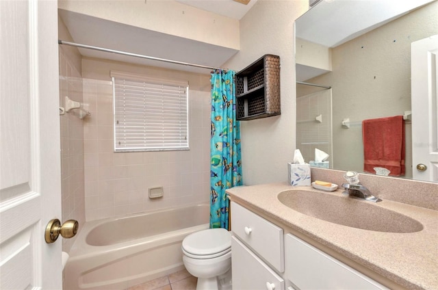 full bathroom featuring shower / bathtub combination with curtain, toilet, vanity, and tile patterned floors