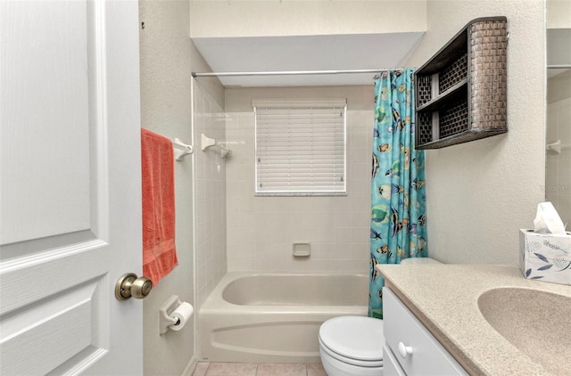 full bathroom with shower / tub combo with curtain, toilet, vanity, and tile patterned flooring