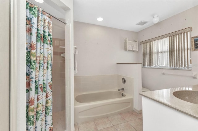 full bath with tiled shower, tile patterned flooring, a garden tub, vanity, and recessed lighting