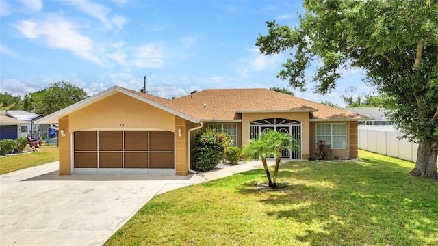 ranch-style house featuring stucco siding, an attached garage, concrete driveway, and roof with shingles